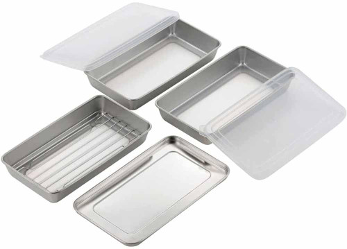 Shimomura Planning 35573 Fried Food Bat, 7-Piece Set, Made in Japan, Convenient for Preparing, Divided with Lid, Cooking, Tempura, Corner Bat, Shallow Type, Stainless Steel, Tsubamesanjo