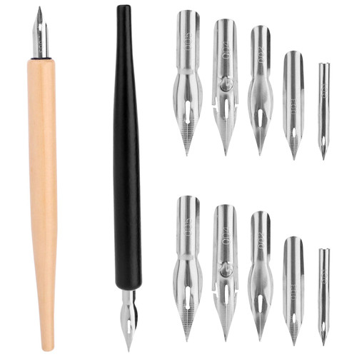 Penitue Comic Dip Pen Set with 2 Wooden Holders & 10 Stainless Steel Replacement Nibs, 5 Styles Manga Dip Pen Ink Nibs for Calligraphy Drawing Writing Sketching Signing