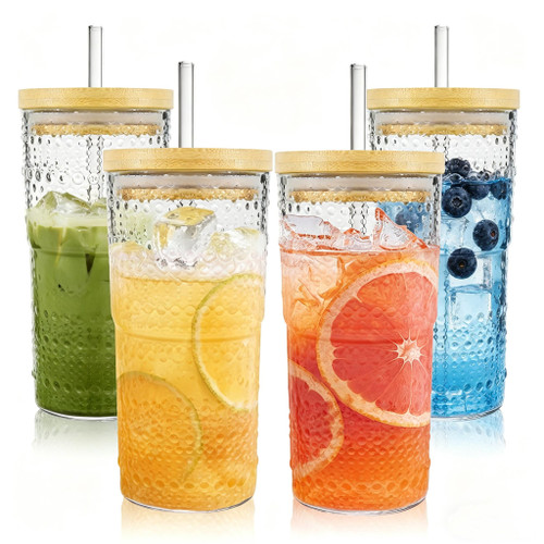 4 Pack 20oz Hobnail Drinking Glasses with Bamboo Lids and Glass Straw