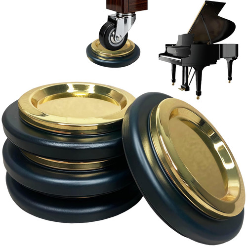 4 Pcs Piano Caster Cups – Metal & Rubber Heavy Duty Floor Protectors for Hardwood Floors, Non-Slip Shock Absorbing Piano Wheel Pads for Grand & Upright Pianos and Furniture Legs, Gold
