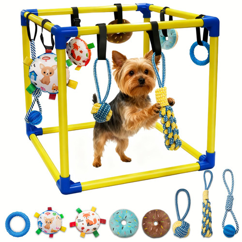 Bhyhok Puppy Play Gym with 8 Hanging Toys, Indoor Activity Gym for Small Dog with Enrichment Interactive Toy Adjustable PVC Frame Training Activity Center Puppies Entertainment, Teething (Yellow)
