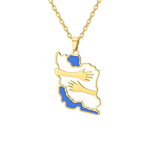 PDOUSELF Iran Map with a Hug Necklace for Women Men Stainless Steel Persia Map Necklace Patriotic and Peace Jewelry Gift (Gold)