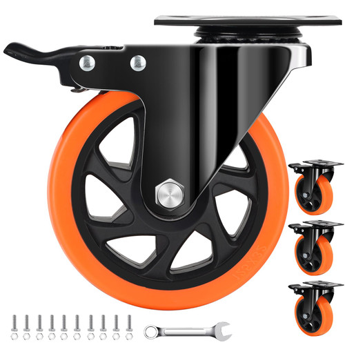 QNCZ 5 Inch Heavy Duty Caster Wheel with Dual Brake,Silent,Orange,Set of 4