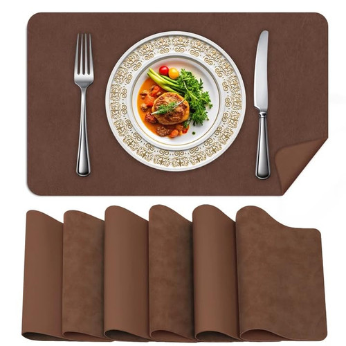 BLESWIN Faux Leather Placemats, Set of 6, 12×17 Inch -Double Side Texture Color Table Mats, Heat-Resistant, Waterproof and Oil-Resistant, Suitable for Dining Room, Kitchen, Party, Outdoor - Brown