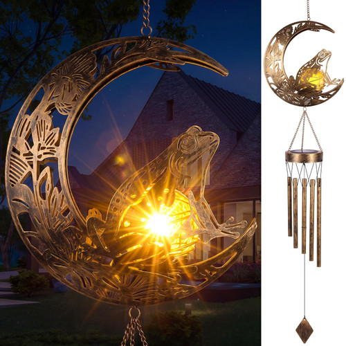 Vihose Frog Design Solar Wind Chimes for Outside, 39 Inch Waterproof Frog Moon Windchime Outdoor Solar Lights for Women Mother Birthday Housewarming Gift Garden Decor