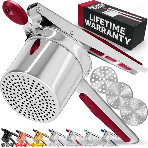 PriorityChef Large 15oz Potato Ricer With 3 Discs, Heavy Duty Stainless Steel Potato Ricer for Mashed Potatoes, Potato Masher, Press and Ricer Kitchen Tool, Red