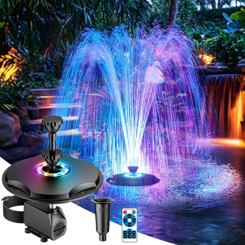 Antfraer Floating Pond Fountain with Remote Control RGB LED Lights, 40W 660GPH Water Pump with 3 Spray Modes, Floating Fountain 27FT Cord & 65.6FT Mooring Line for Garden Ponds, Outdoor Water Features