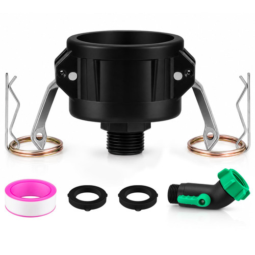 IBC Tote Adapter 2"Cam Lock IBC Tote Fitting 275-330 Gallon IBC Tank Adapter with 135 Degree 3/4"GHT Heavy Duty Plastic Garden Hose Elbow Valve IBC Tote Valve for Garden Hose