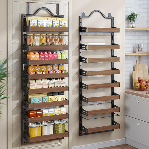 8-Tier Pantry Door Organizer, Over the Door Pantry Organizer with Wooden Adjustable Baskets, 2 IN 1 Spice Rack Wall Mount or Door Organizer, Door Spice Rack for Pantry（72.6×17.1×5.1in,Black)