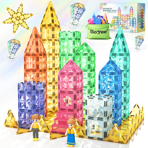 82PCS Magnetic Tiles with Dolls, Magnet Castle Building Toys for 3-8 Years Old, STEM Learning Toys & Birthday Gifts for Boys & Girls, Encourage Fine Motor Skills