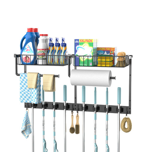 Broom Holder Wall Mount with Paper Towel Holder& Removable Anti-fall Basket
