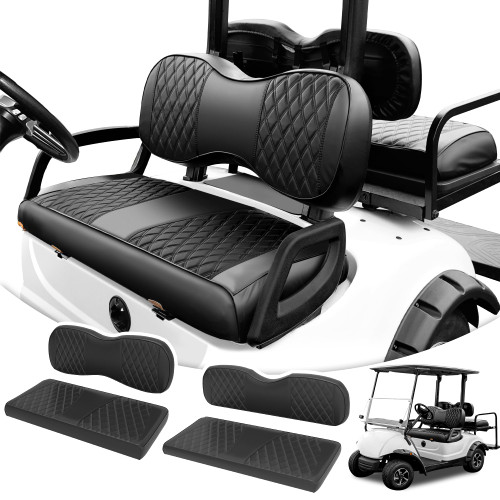 SugarFox 4PCS Golf Cart Seat Covers - Staple-Free Easy Install for Yamaha Drive G29/Drive2, Front & Rear PU Leather Cushions, UV Resistant, All Black