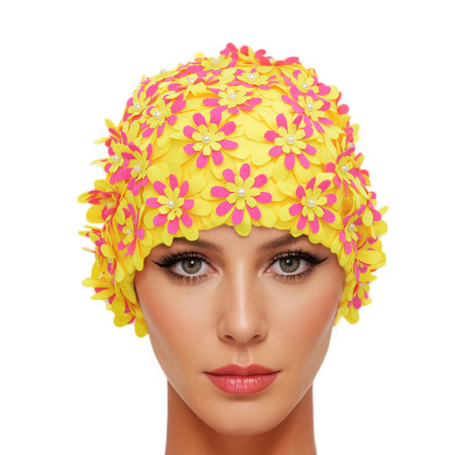 Medifier Swim Cap Floral Petal Retro Style Bathing Caps for Women Yellow