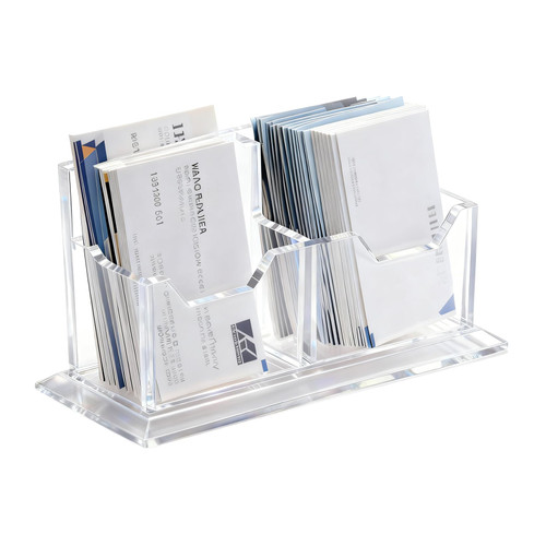 Goklmn Acrylic Business Card Holder for Desk, 2 Slot Vertical Clear Business Card Display Stand Desktop Name Cards Organizer for Office Home Exhibition，120 Card Capacity