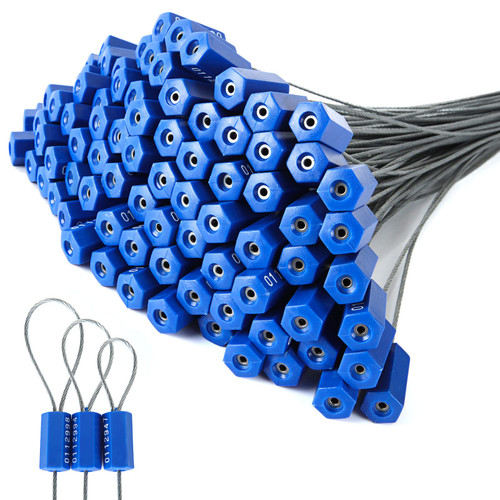 100 PCS Security Cable Seals Numbered Tamper Proof Security Tags, Blue Steel Pull-Tite Container Seals Wire Seals, Metal Self-Locking Cable Steel Wire Seal for Truck Container Shipping, 9.6in / 245mm