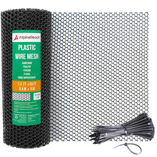 AlpineReach Plastic Chicken Wire Fencing Mesh 1.3ft x 30ft Roll with Zip Ties - Ideal for Poultry, Dogs, Rabbit Barrier & Gardening, Durable UV Resistant, Versatile Rigid Fence, Black (15.7" x 360")
