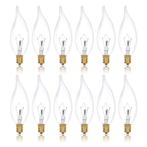 Simba Lighting Candelabra Flame Tip Clear CA10 40W E12 Base 120V, 12 Pack