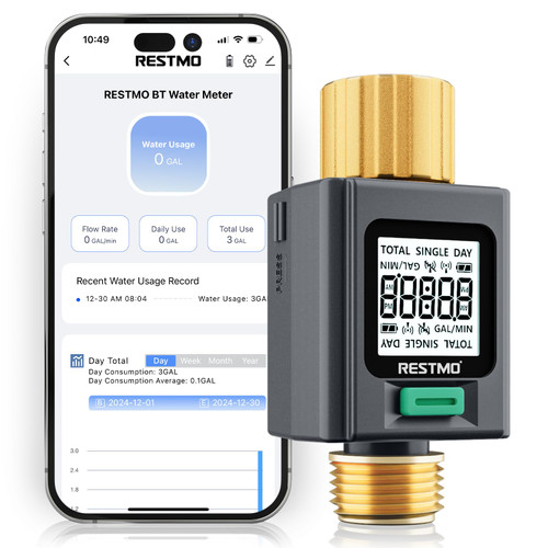 RESTMO Smart Water Flow Meter with Screen Backlight, APP Control
