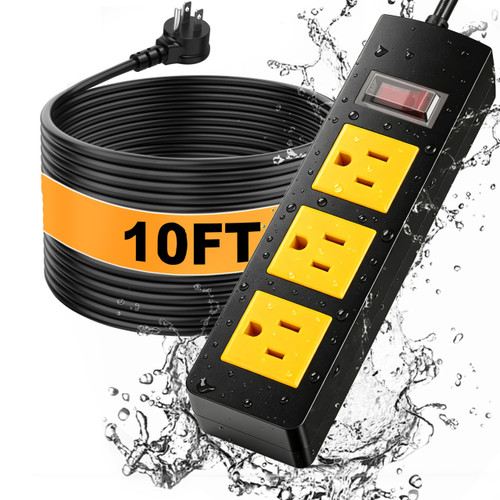 Waterproof Outdoor Power Strip with Extension Cord 10FT, Weatherproof Surge Protector, 3 Shockproof Outlets & Overload Safety Wall Mount Power Strip for Home/Outdoor Patio, Christmas Lights