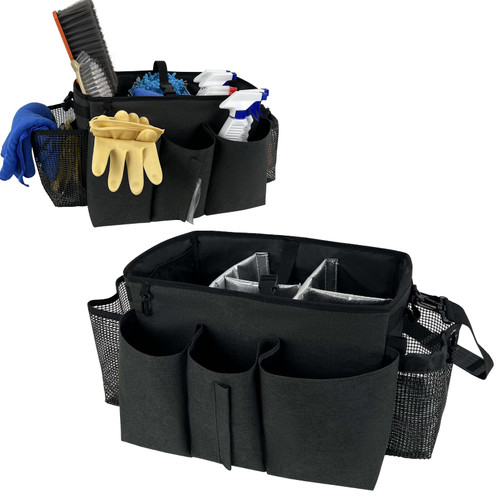 Large Cleaning Caddy Bag, Wearable Cleaning Supplies Organizer with Shoulder and Waist Straps, Multiple Compartments Tool Organizer with Detachable Divider for Cleaners (Black)