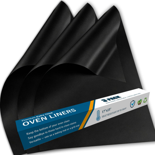 Oven Liners for Bottom of Oven - 3 Pack Large Oven Mats, 17”x25” Non-Stick Reusable Liner for Electric, Gas, Toaster Ovens, Grills - Kitchen Accessory to Keep Oven Clean (3, Black)