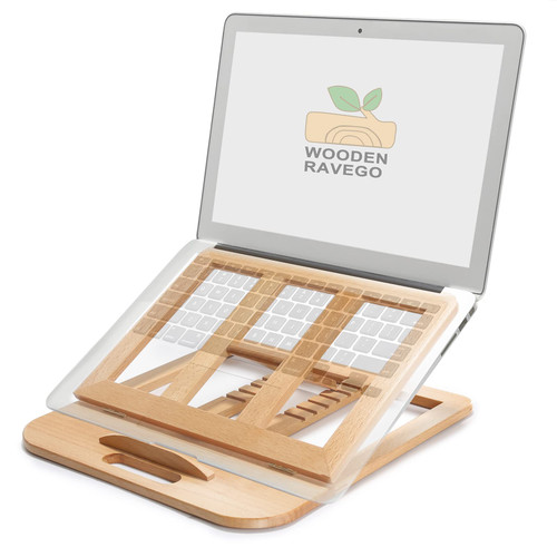RAVEGO Laptop Stand, Foldable Wooden Laptop Riser Adjustable Computer MacBook Stand for Desk Portable Universal Notebook Laptop Holder with Multiple Angles for Laptops Up to 15.6 inches (Beech)