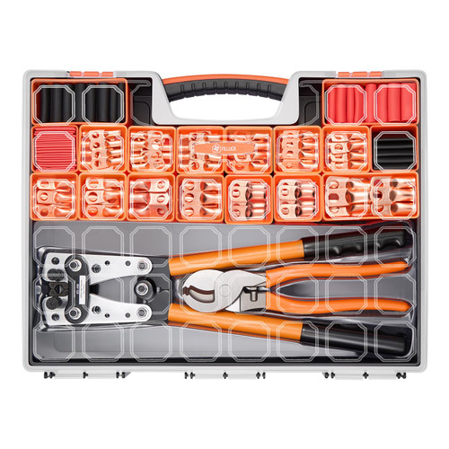 Filluck 245pcs Battery Cable Ends Kit,AWG 2 4 6 8 1/0 2/0 Gauge,0 Gauge 00 Gauge Heavy Duty Wire lugs, 3/8" Ring Terminal Connectors with 3:1 Heat Shrink Tube & Professional Wire Cutter