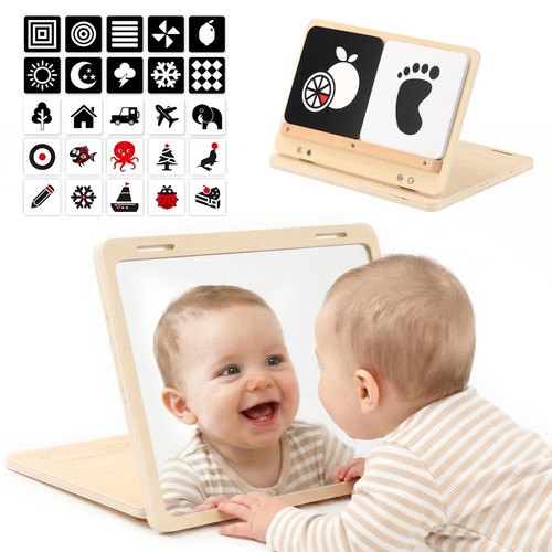 Tummy Time Play Set - Montessori Baby Safe Mirror Toy and Card Display Stand with High Contrast Black and White Cards, Adjustable Angle Large Baby Mirror and Double-Sided Design for 0-6M Newborns