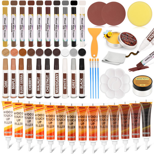 46PCS Wood Furniture Repair Kit, Furniture Touch Up Markers with Wood Fillers, Putty & Beeswax for Scratches, Cracks, Holes, Floors, Tables, Cabinets & Doors