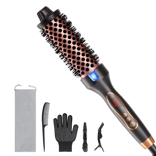 Thermal Brush, 1.5 Inch Curling Iron Heated Round Brush Styler, Hair Straightener & Curler & Volumizer 3 in 1, Negative Ion, Dual Voltage, 9 Temperature Control with LED Display (Inky)