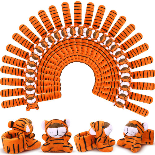 Vinsot 50 Pcs Tiger Stuffed Animal Slap Bracelets for Kids Plush Mini Plush Slap Bracelet Wrist Snap Band Toys Bulk for Themed Party Favors, Holiday Gifts, Classroom Rewards