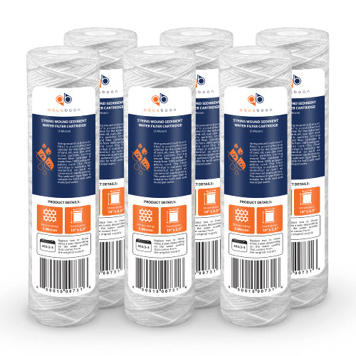 Aquaboon Whole House 5 Micron 10 x 2.5 String Wound Sediment Water Filter Cartridge Replacement Compatible with Well Water Filter WHKF-WHSW, 6-Pack