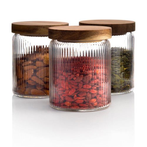 Mason & Fable Ribbed Glass Jar with Wooden Lid 17oz, Set of 3 | Airtight Fluted Storage Canisters for Food, Tea, Coffee, Candy/Spice | Organization Canisters for Home & Kitchen