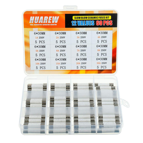 HUAREW 12 Values 60 Pcs 6 x 30 mm T 1A 2A 3A 4A 5A 6A 7A 8A 10A 15A 20A 30 A amp 250 V Slow Blow Ceramic Tube Fuses Assortment Kit