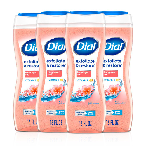 Dial Body Wash, Hydraclean Complex & Vitamin E, Gentle, Leaves Skin Feeling Nourished, Dermatologist-Tested, No Parabens & Sulfates, Exfoliate & Restore, Himalayan Salt, 16 Fl Oz (Pack of 4)