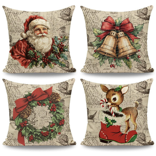 JOJOGOGO Vintage Christmas Decor Throw Pillow Covers 18x18 Set of 4, Rustic Santa Claus Reindeer Decorative Pillows for Home Couch Bed, Farmhouse Western Christmas Pillow Covers, Retro Neutral Decor