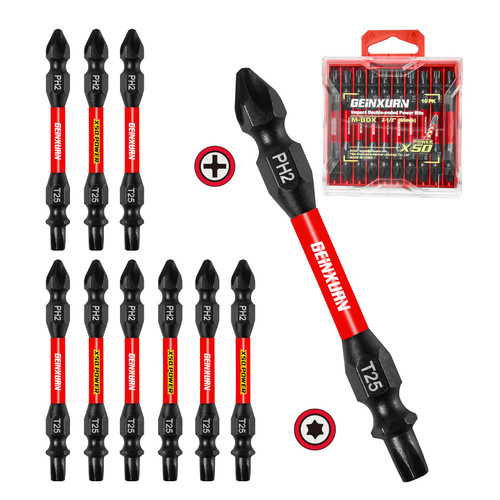 Geinxurn 10Pcs PH2-T25 Impact Double End Screwdriver Bit Set, 2.56 in. #2 Phillips /#25 Torx Power Driver Bits, Magnetic S2 Steel Two Sides Screwdriver Bits Set with Storage M-Box