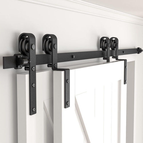 AONAYIOA 7.5FT Bypass Sliding Barn Door Hardware Kit, Combination Track Mode Sliding Door Hardware, Single Track Bypass Barn Door Hardware for Double Wooden Doors,(no Door) (7.5 Feet)