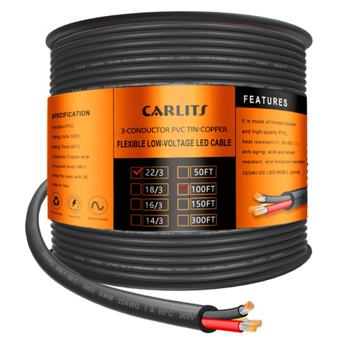 CARLITS 22 Gauge 3 Conductor Electrical Wire, 100FT Black Stranded Low Voltage 22/3 Cable PVC Case, Flexible Extension Power Cord for LED Lamp