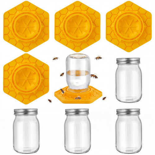 Sunnychicc 8 Pack Bee Feeder for Mason Jar Bee Watering Station Garden Silicone Sugar Water Feeder Beekeeping Drinking Equipment Tools with Mason Jars for Drinking Water(Ginger Yellow,Hexagon)