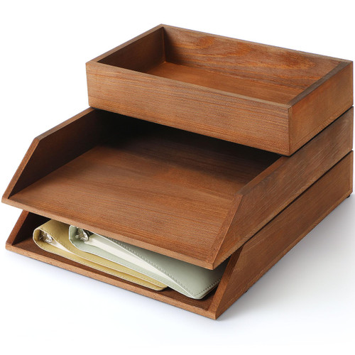 Beeveer 3 Pcs Wooden Letter Tray Stackable 3 Layer Paper Tray, Brown