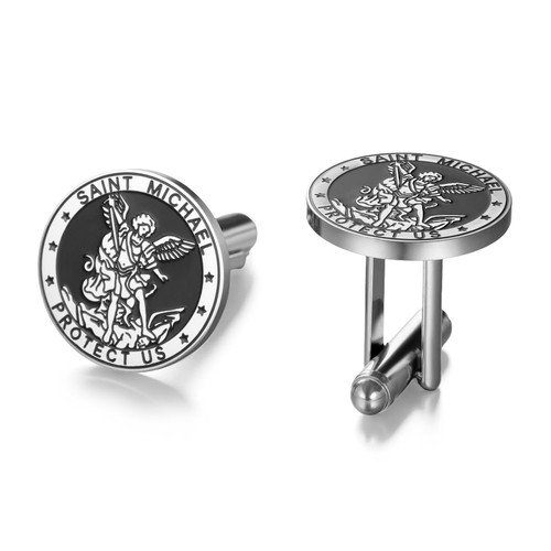 TEAMER Saint Michael Cufflinks Stainless Steel St. Michael Cufflinks The Great Protector Archangel Amulet Religious Jewelry For Men (Silver)