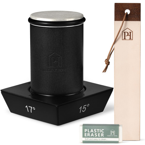 Black Roller Sharpener for Knives with Leather Strop - Knife Sharpener Kit with 15, 17, 20 & 22 Degree Angles - Roller Knife Sharpening System Stand, Holder & Eraser