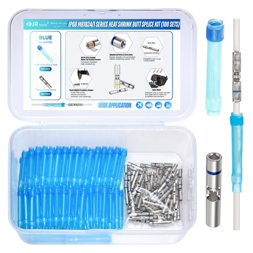 JRready 100Set AS81824 Crimp Splices IP68 Waterproof D-436-37 Blue Heat Shrink Butt Splice Connectors 20-16AWG (M81824/1-2 Equivalent) with Copper Crimp Splice & PVDF Tubes ST6389-16-100