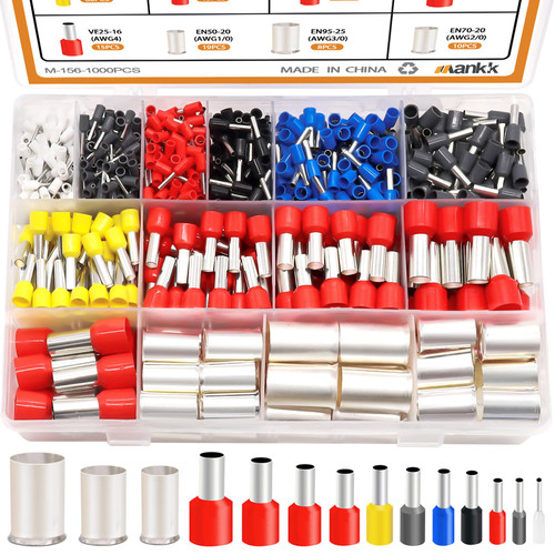 mankk 1000PCS Wire Ferrules Terminals Kits Silver Plated Copper Ferrules Wire Ends Terminals Crimp Terminal Connector Sleeves 14 Sizes AWG(22 20 18 16 14 12 10 7 5 4 2 1/0 2/0 3/0)