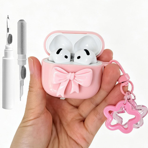 Case for AirPods 4 Case 2024, 3D Cute Bow Shaped Design Soft TPU Cover for Women Girls with Cute Keychain & Cleaning Kit Anti-Fall Shockproof Protective Case for AirPods 4th Generation