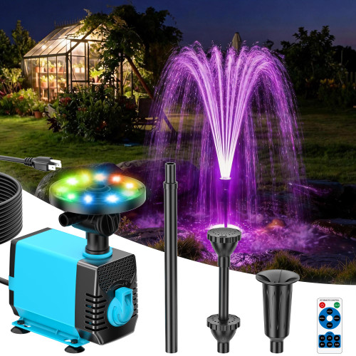 POPOSOAP Pond Fountain Pump Kit with RGB LED Lights & Remote Control, 660GPH Quiet Submersible Water Pump, 3 Spray Nozzles for Backyard Garden, Koi Pond, Fish Tank, Outdoor Water Feature Decor-P1104D