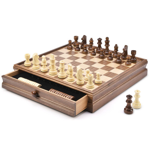 AMEROUS 15" x 15" Wooden Chess & Checkers Set with Built-in Storage Drawers/Weighted Chess Pieces / 2 Bonus Extra Queens / 24 Cherkers Pieces/Classic 2in1 Board Games for Kids, Adults AMEROUS 15" x 15" Wooden Chess & Checkers Set with Built-in Storage Drawers/Weighted Chess Pieces / 2 Bonus Extra Queens / 24 Cherkers Pieces/Classic 2in1 Board Games for Kids, Adults
