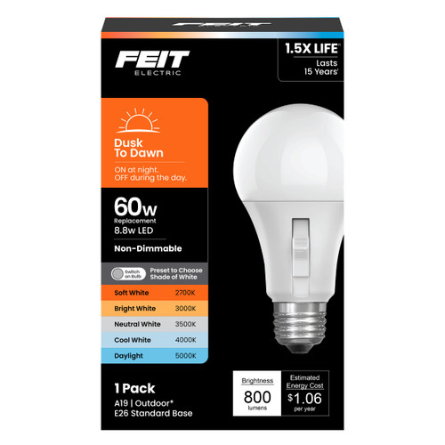 Feit Electric A19 LED Dusk-to-Dawn Light Bulb, 60W Eq, 5CCT, E26 Base