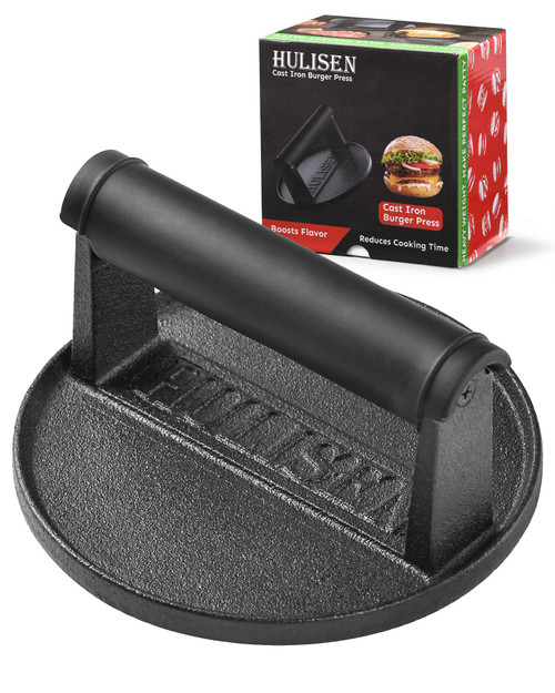 HULISEN 6" Pre-Seasoned Cast Iron Burger Press, 2.3 lb Heavy Burger Smasher